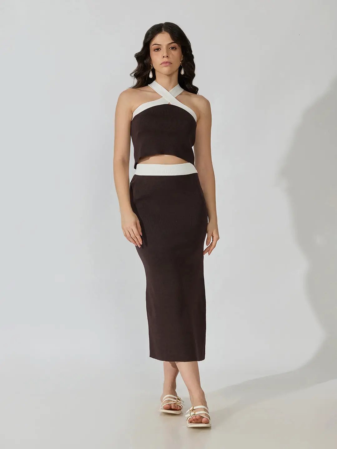 Women's Ribbed Brown Halter Neck Top with Maxi Skirt Co-ords Set - from SHOWOFFFF
