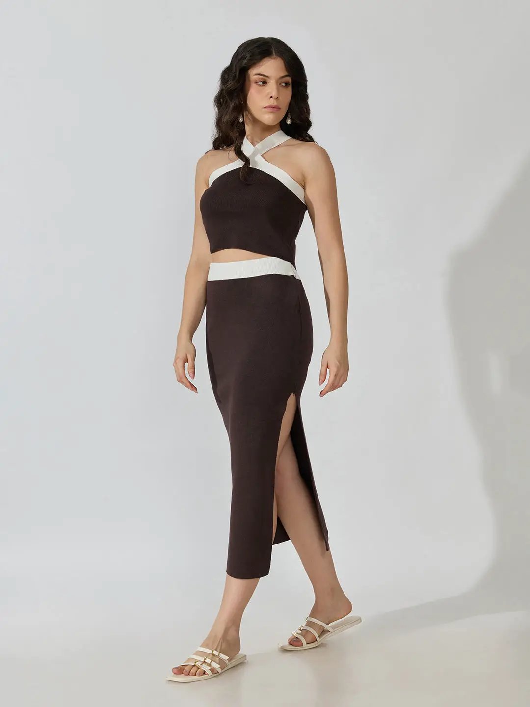 Women's Ribbed Brown Halter Neck Top with Maxi Skirt Co-ords Set - from SHOWOFFFF