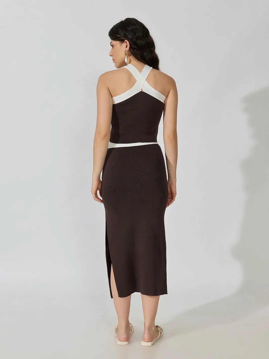Women's Ribbed Brown Halter Neck Top with Maxi Skirt Co-ords Set - from SHOWOFFFF