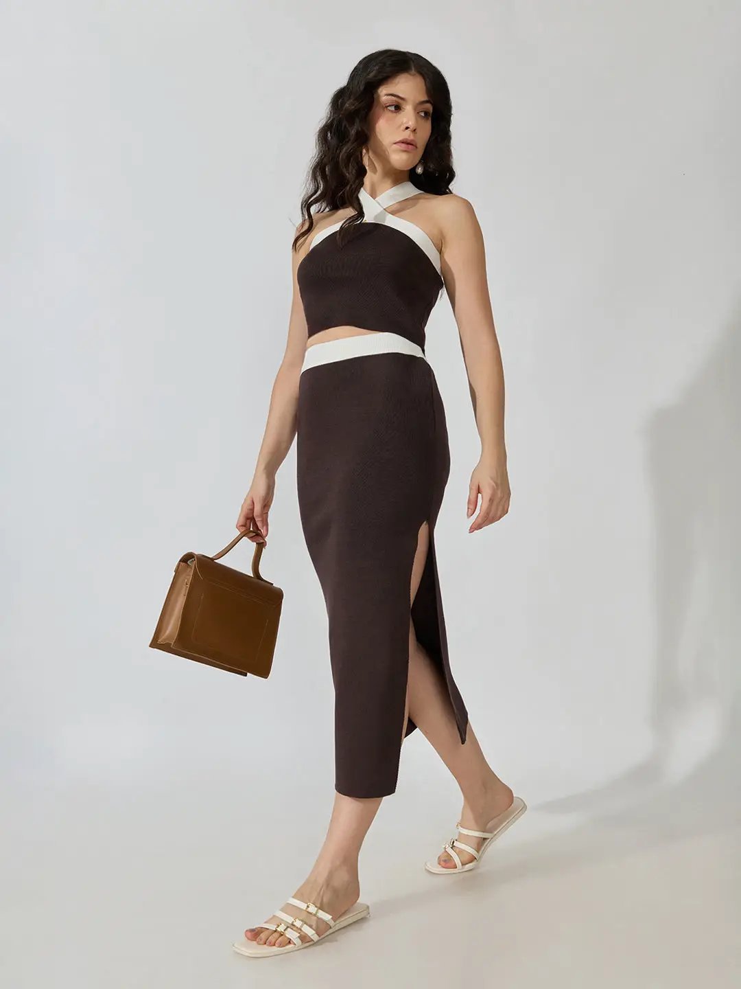 Women's Ribbed Brown Halter Neck Top with Maxi Skirt Co-ords Set - from SHOWOFFFF