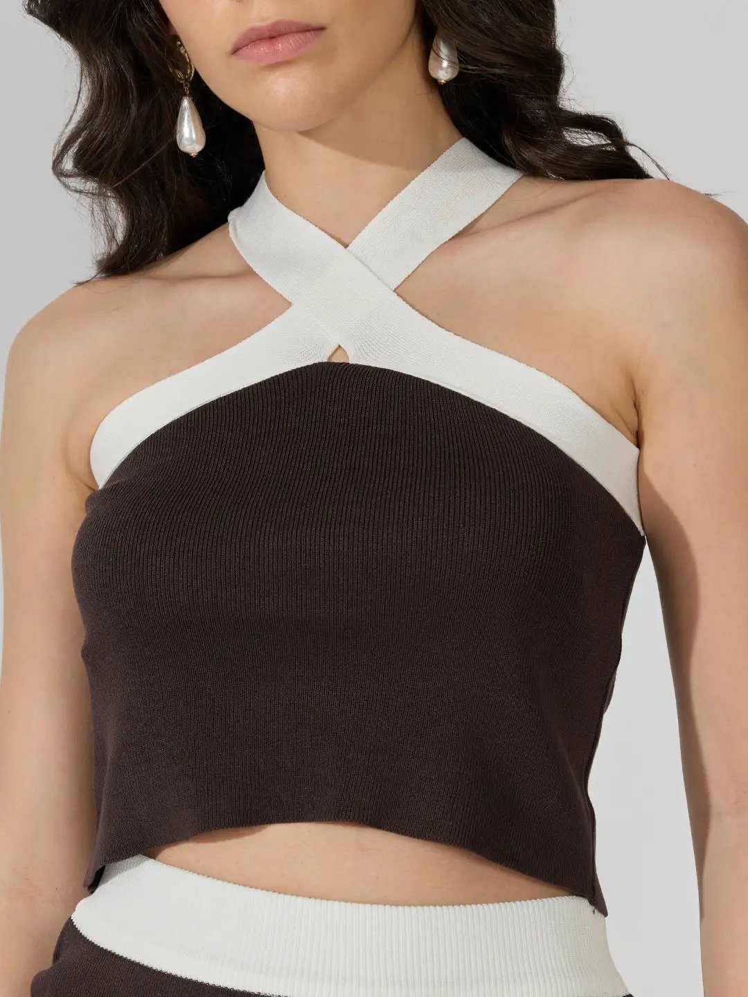 Women's Ribbed Brown Halter Neck Top with Maxi Skirt Co-ords Set - from SHOWOFFFF