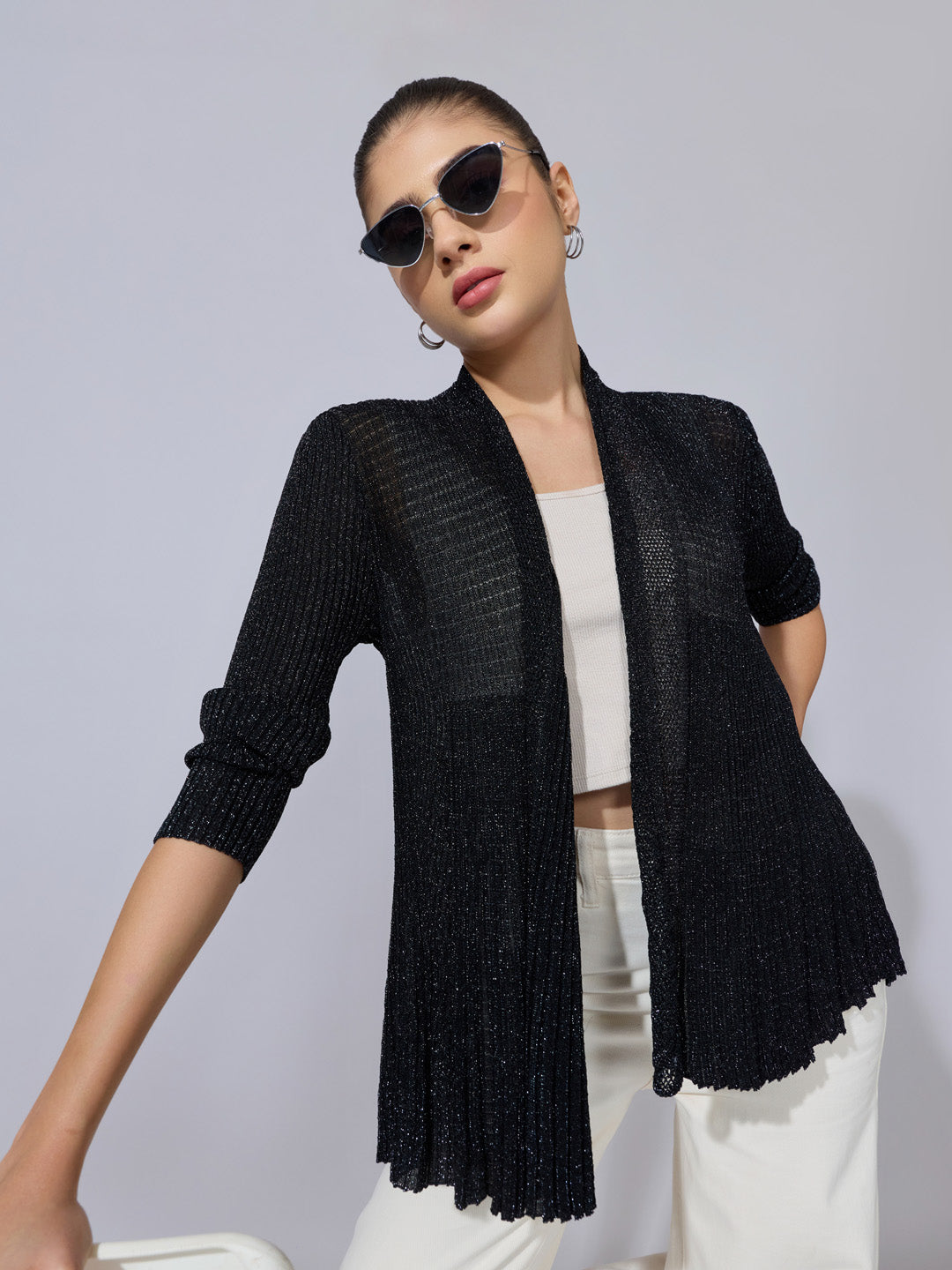 Women's Ribbed Black Open Front Shimmer Shrug