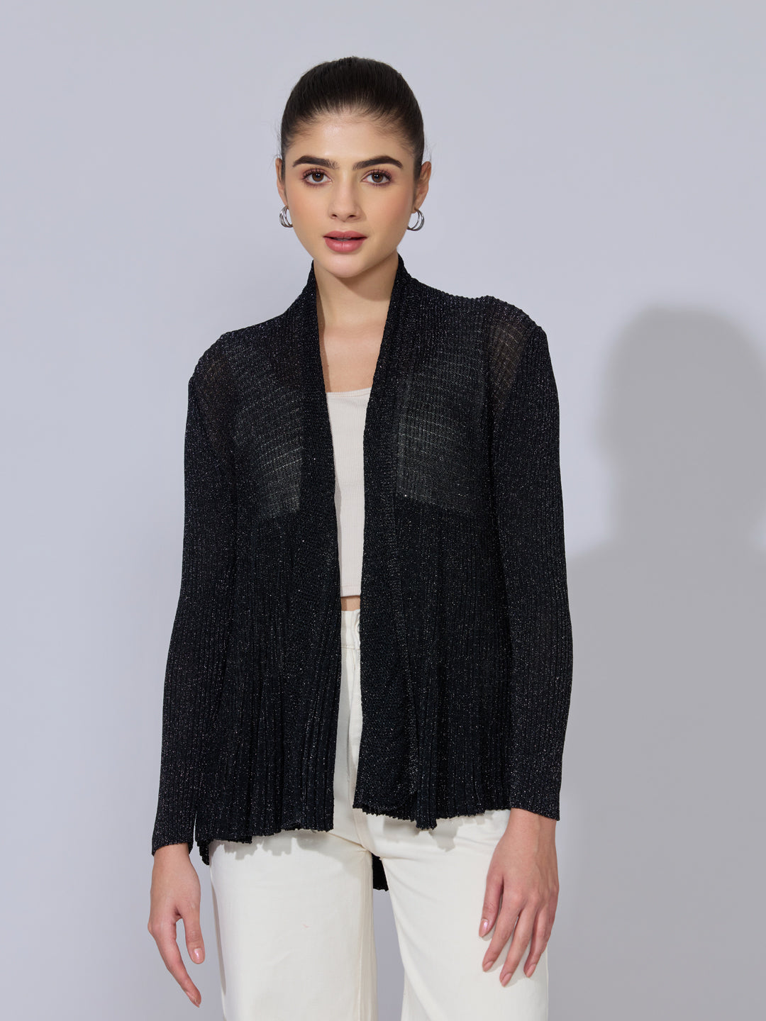 Women's Ribbed Black Open Front Shimmer Shrug