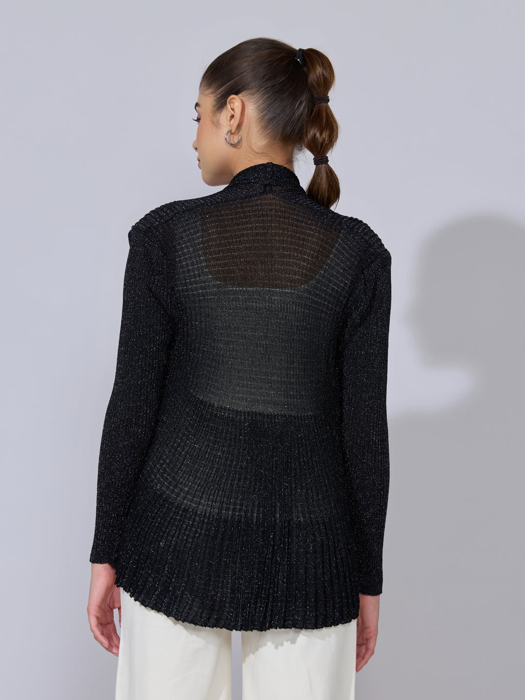 Women's Ribbed Black Open Front Shimmer Shrug