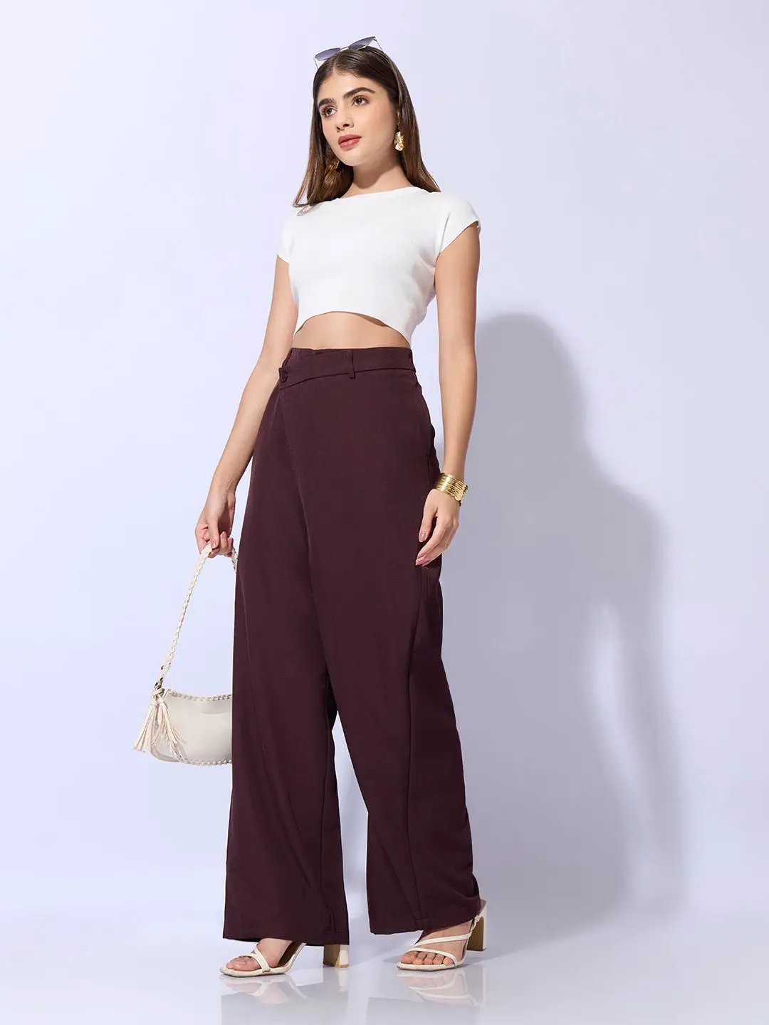 Women's Burgundy Wide Leg Trousers with Wrap around