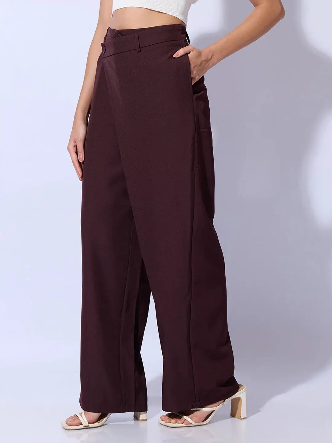 Women's Burgundy Wide Leg Trousers with Wrap around