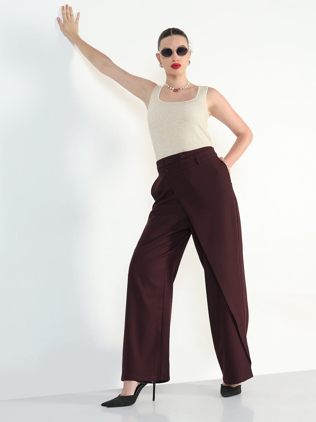 Women's Burgundy Wide Leg Trousers with Wrap around