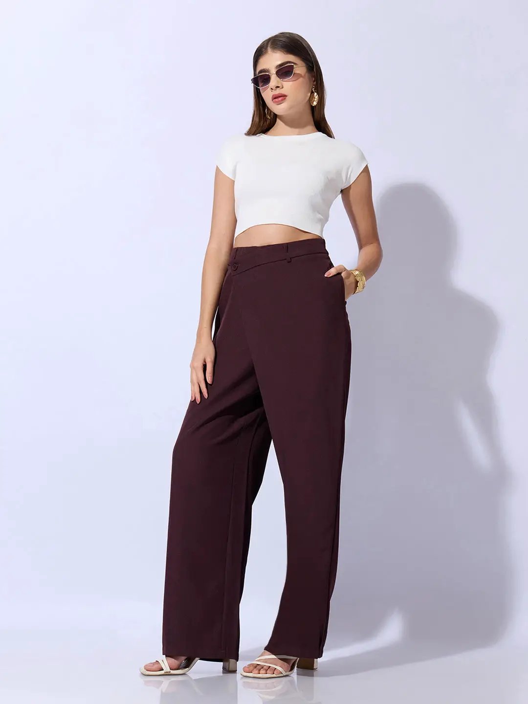 Women's Burgundy Wide Leg Trousers with Wrap around