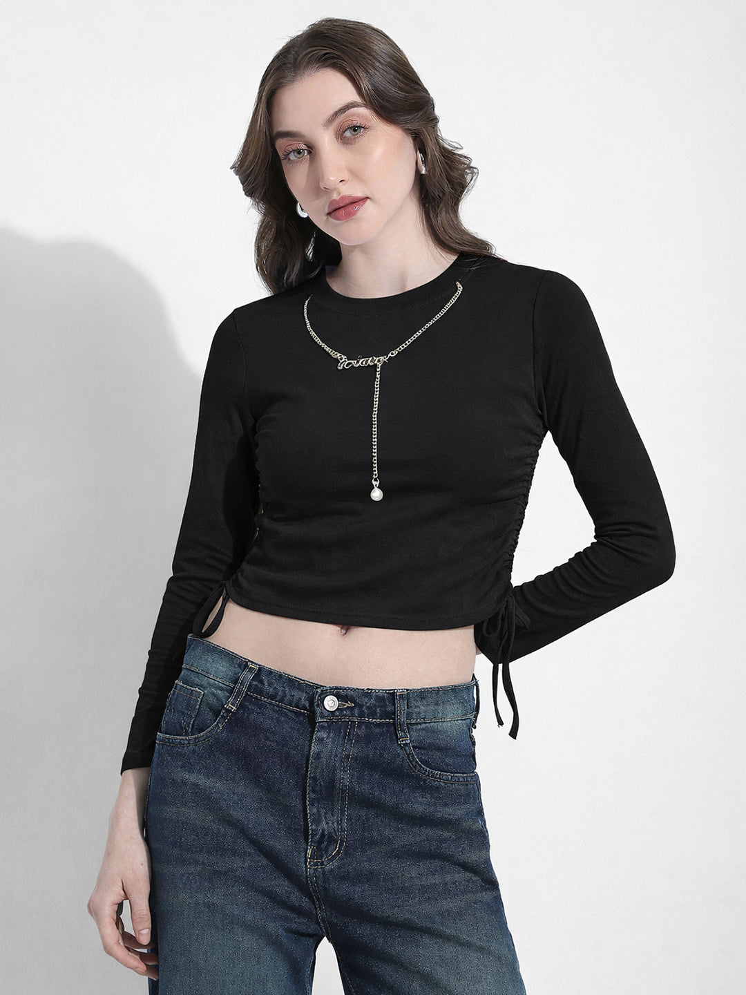 Women's Black Ruched Crop Top with Neck Chain