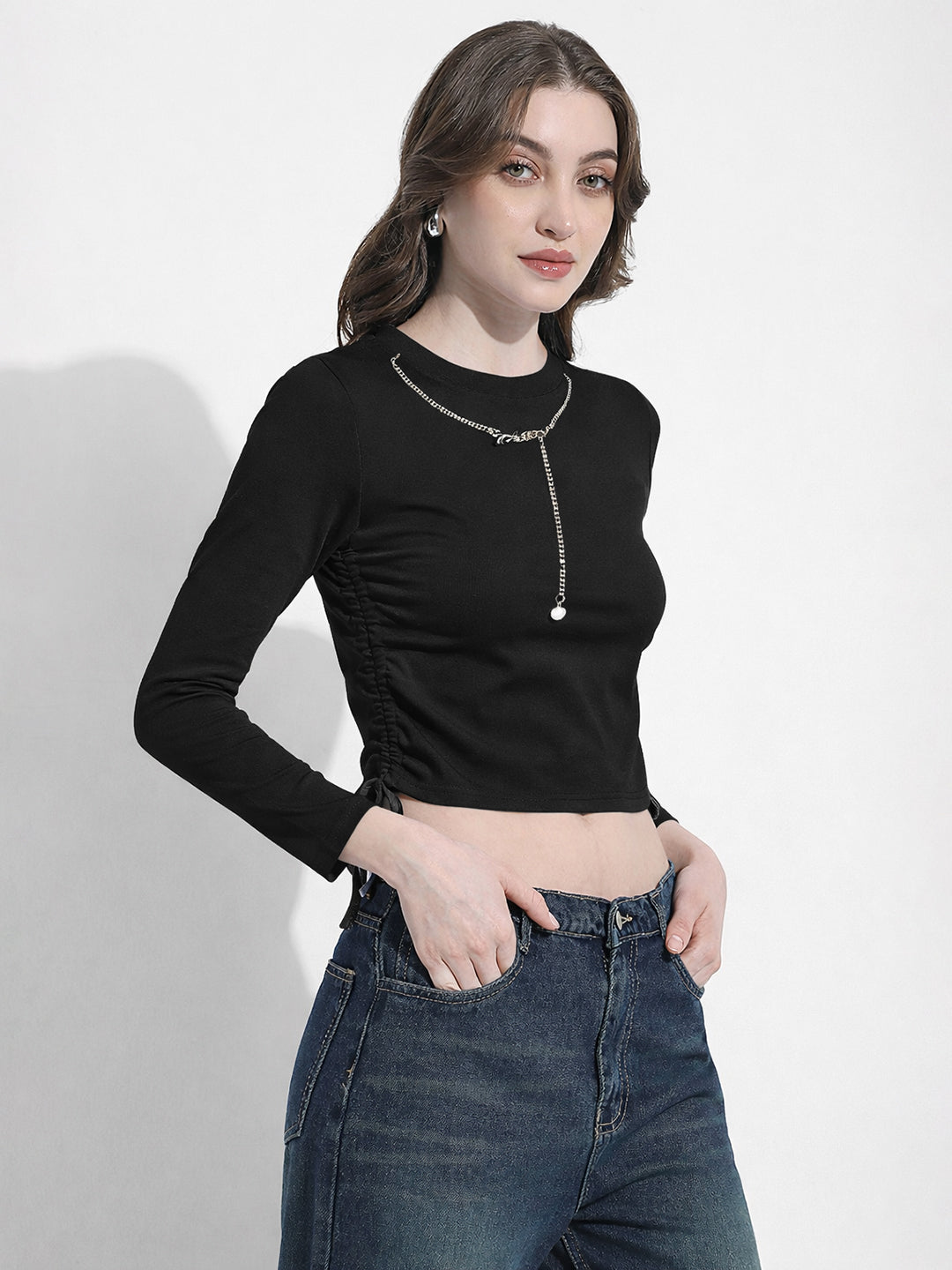 Women's Black Ruched Crop Top with Neck Chain
