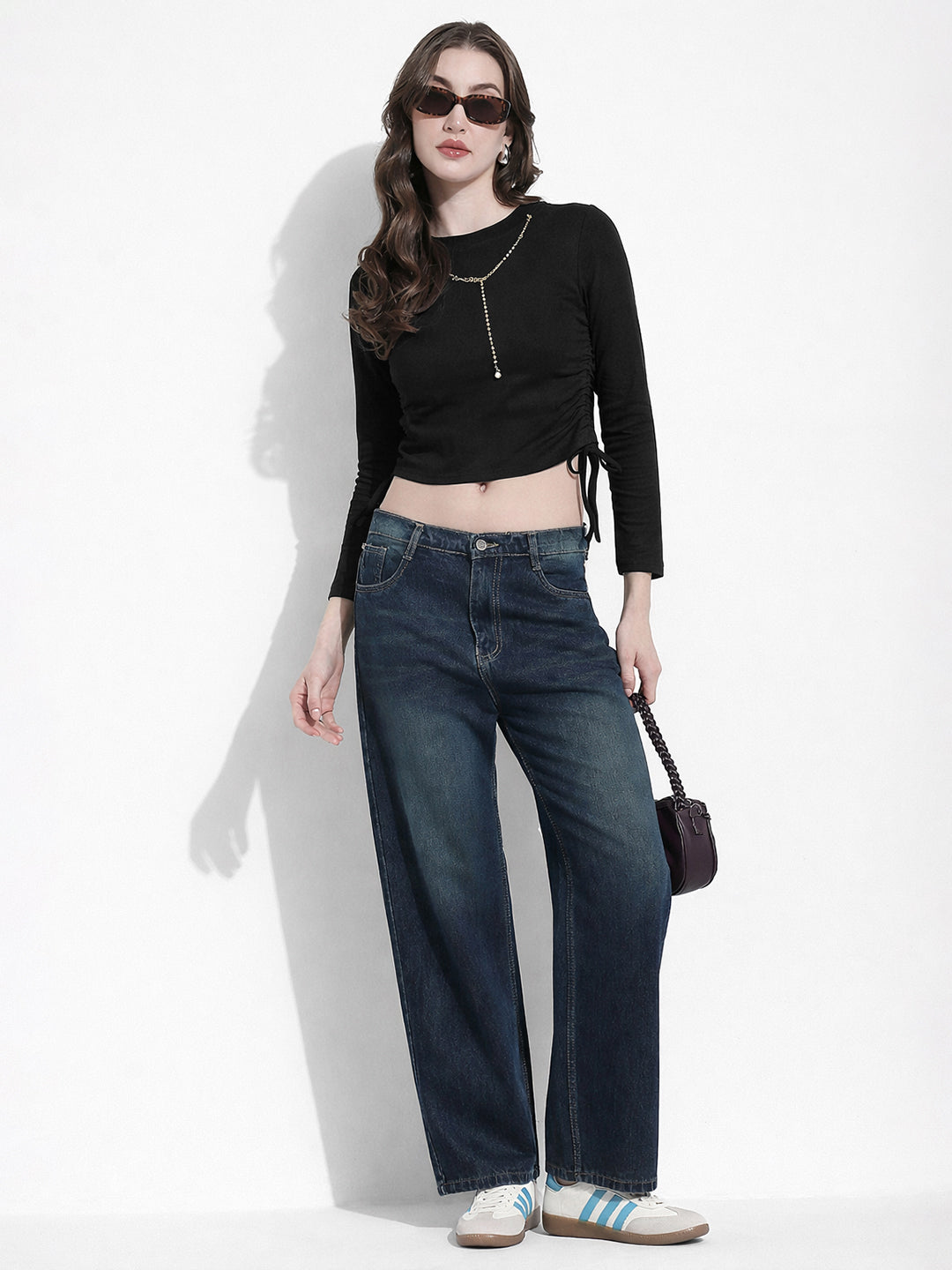 Women's Black Ruched Crop Top with Neck Chain