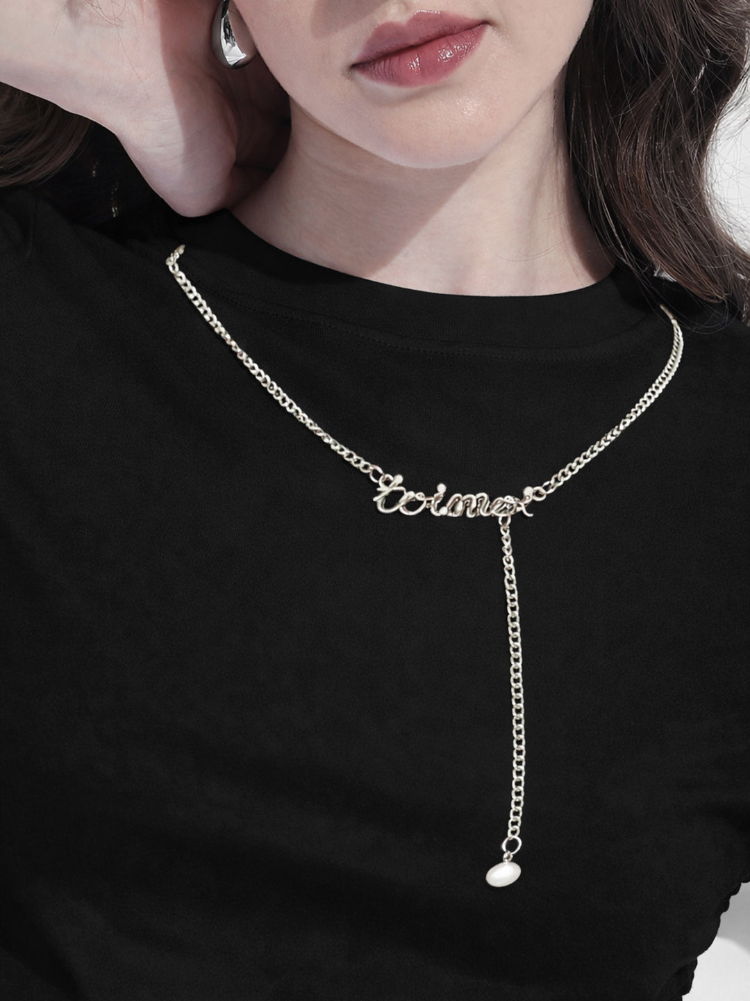 Women's Black Ruched Crop Top with Neck Chain