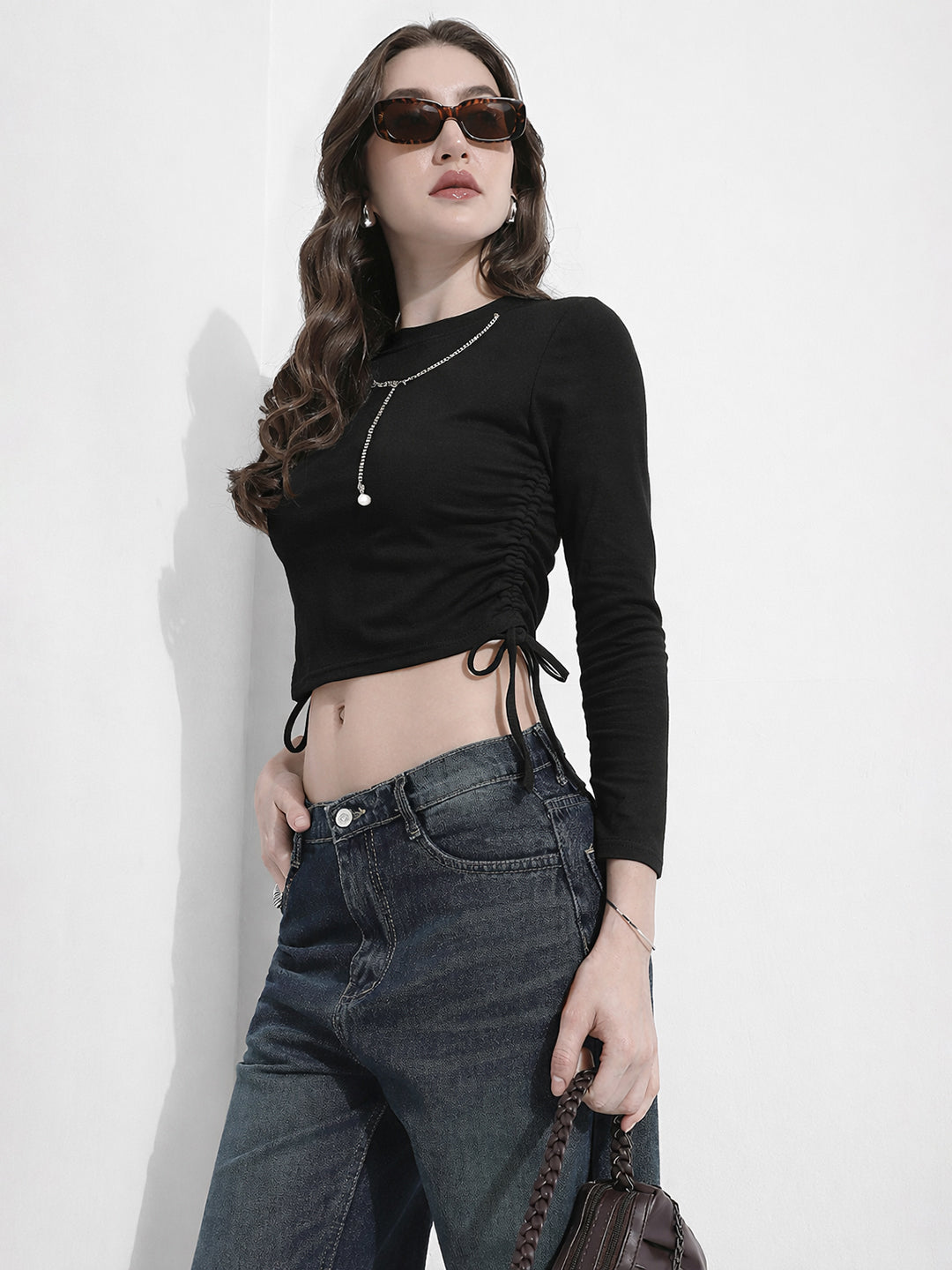 Women's Black Ruched Crop Top with Neck Chain