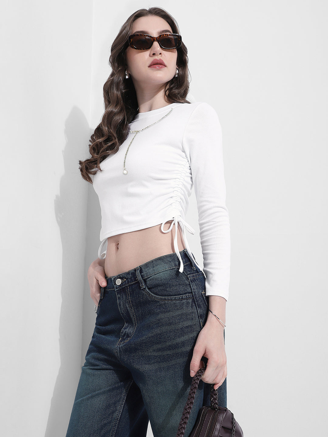 Women's White Ruched Crop Top with Neck Chain