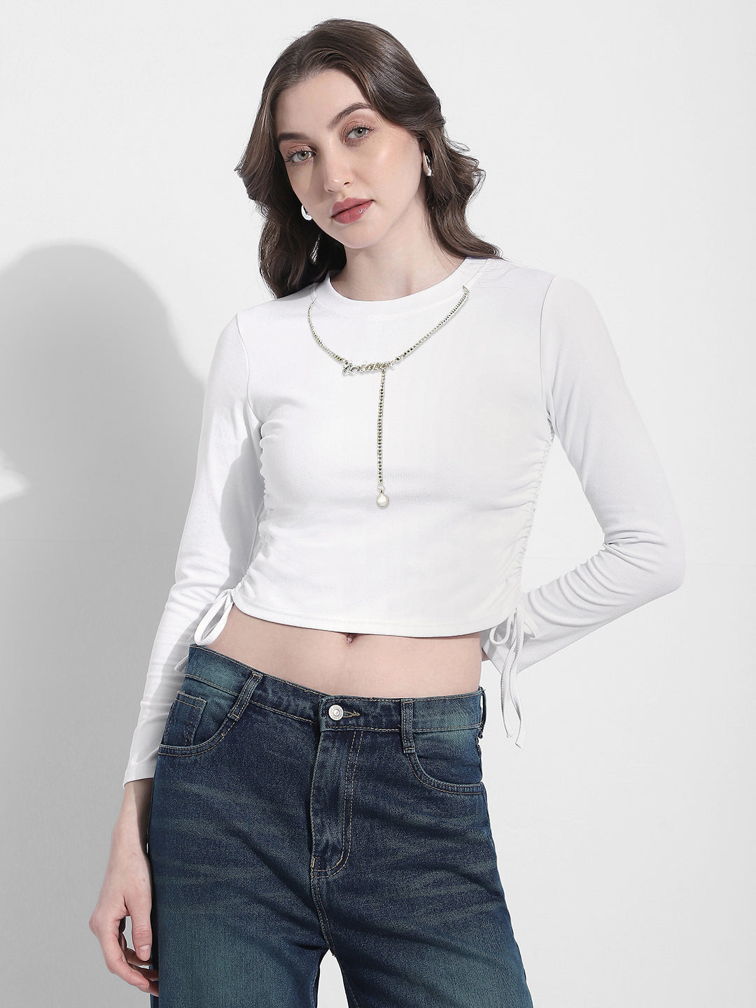 Women's White Ruched Crop Top with Neck Chain