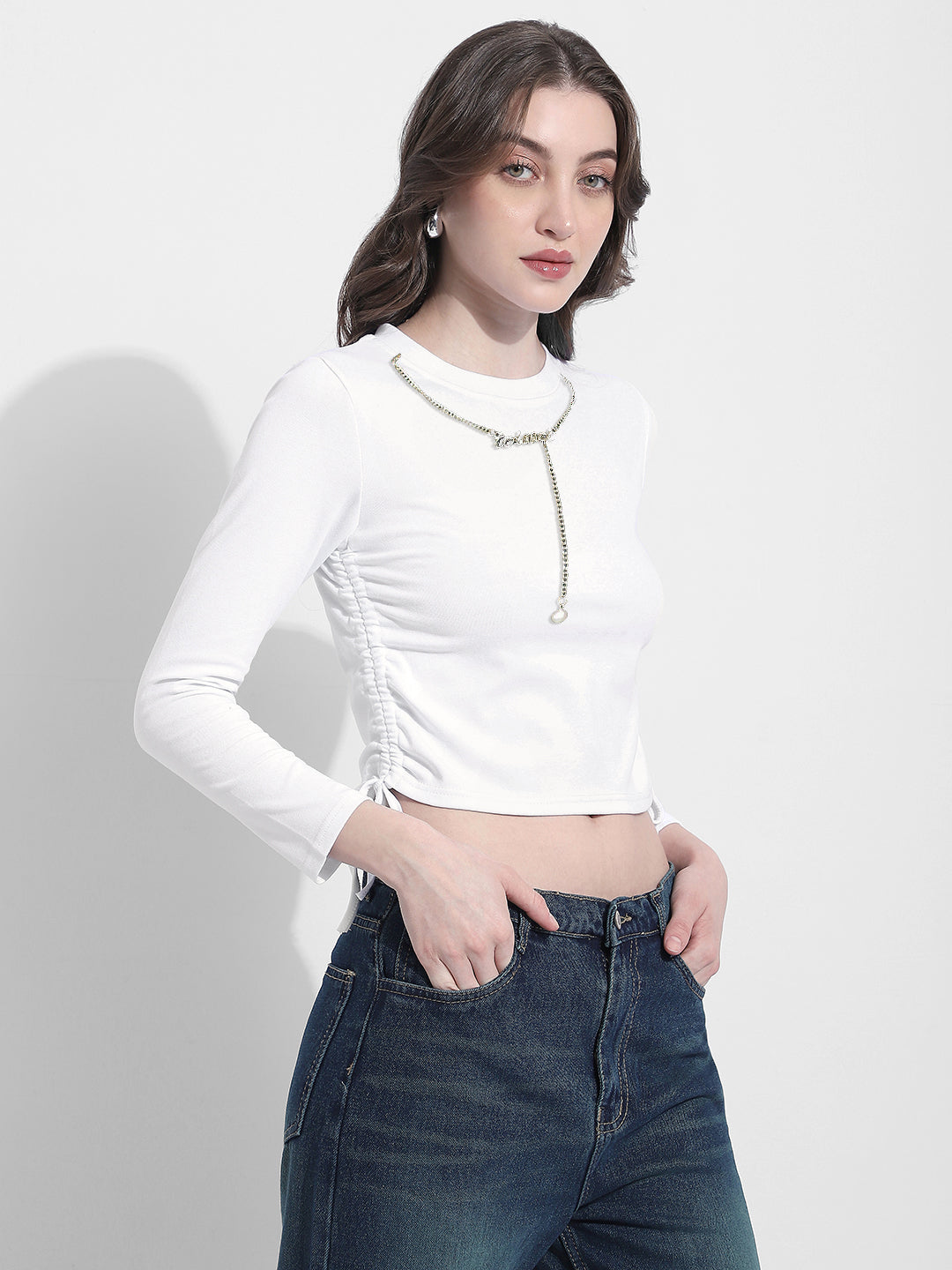 Women's White Ruched Crop Top with Neck Chain
