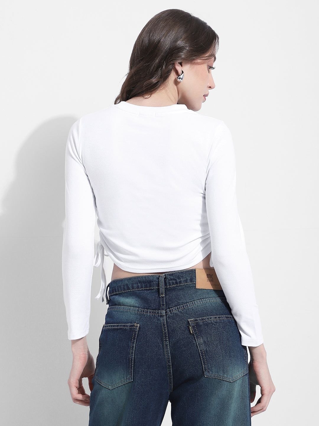 Women's White Ruched Crop Top with Neck Chain