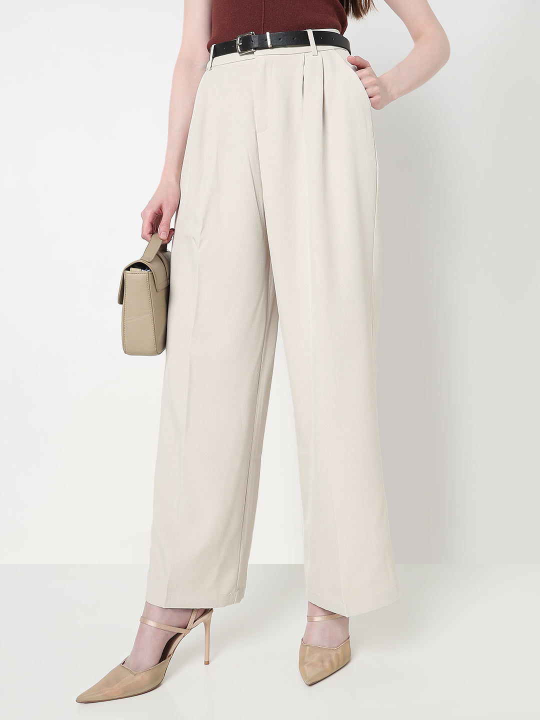 Women's Pleated Cream High Waist Korean Pants with Belt