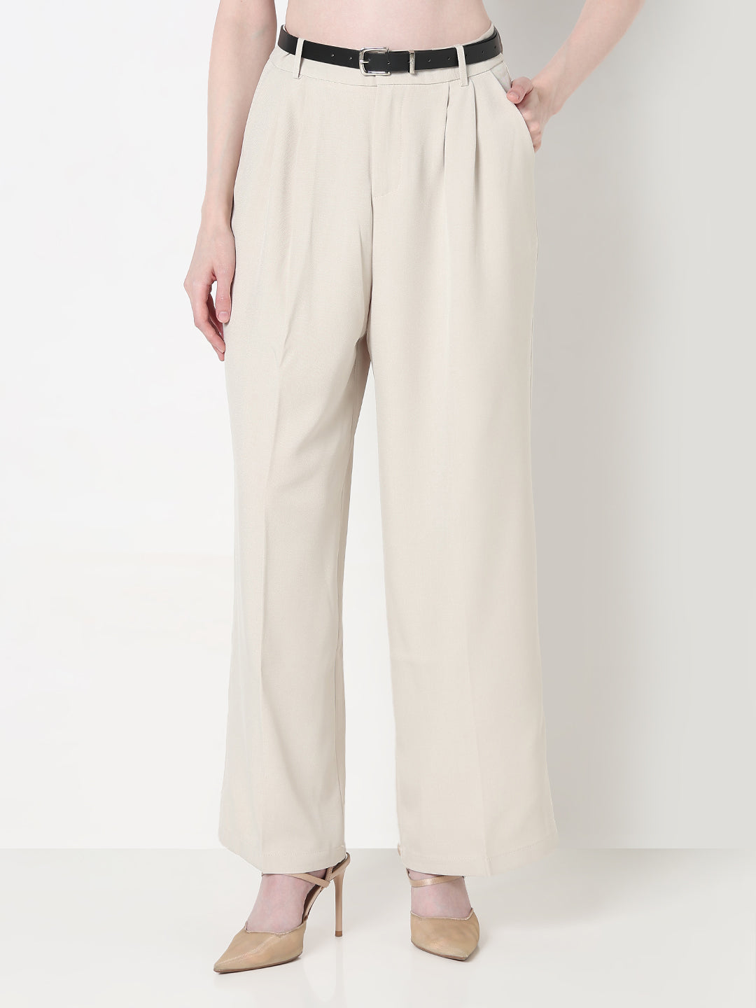 Women's Pleated Cream High Waist Korean Pants with Belt