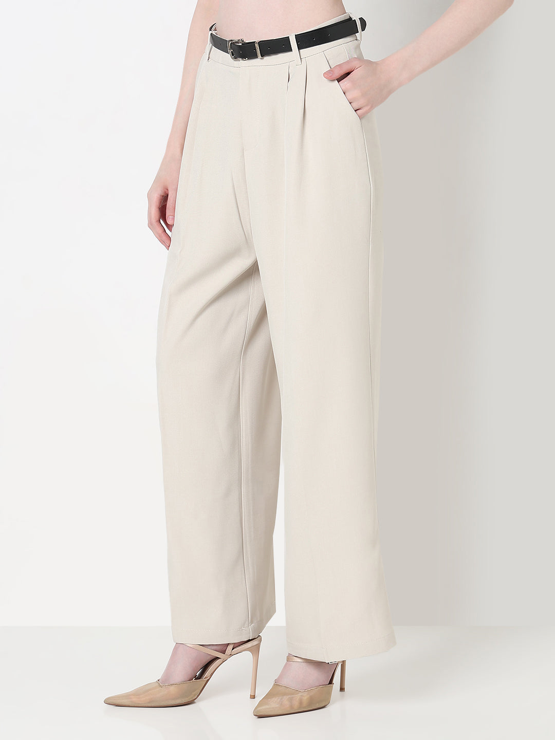 Women's Pleated Cream High Waist Korean Pants with Belt