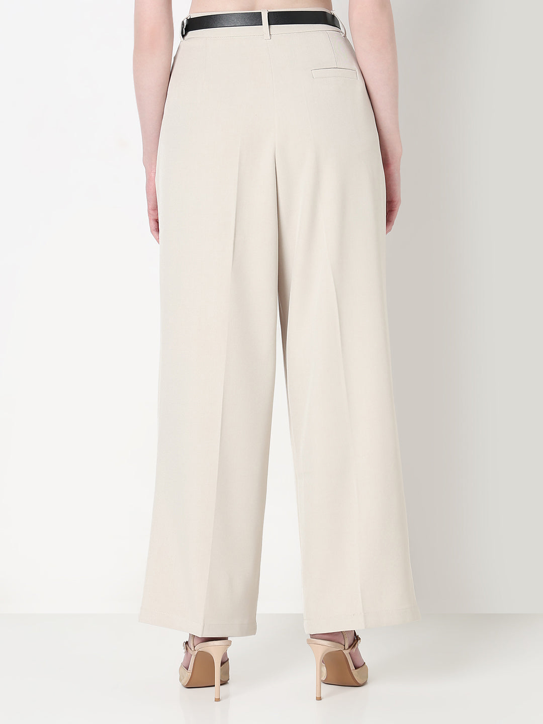 Women's Pleated Cream High Waist Korean Pants with Belt