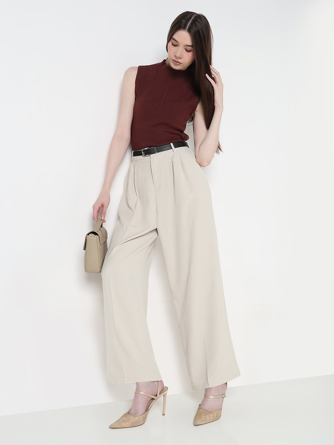 Women's Pleated Cream High Waist Korean Pants with Belt