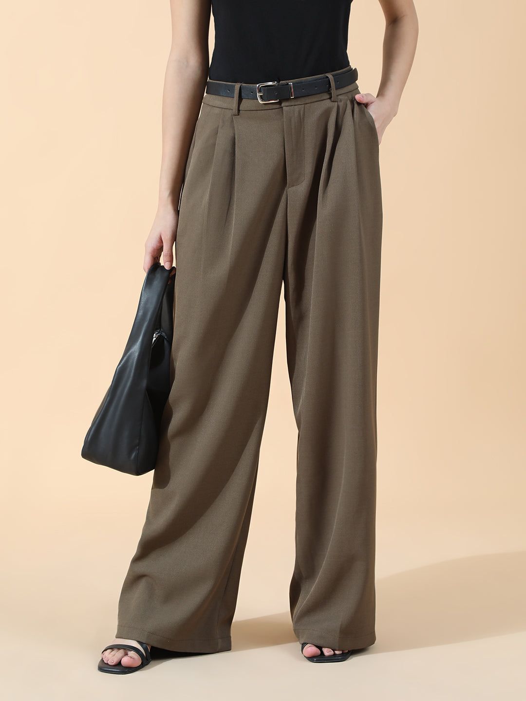 Women's Pleated Khaki High Waist Korean Pants with Belt