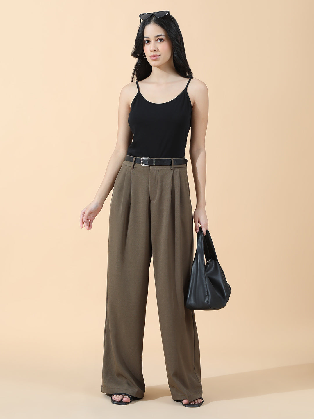 Women's Pleated Khaki High Waist Korean Pants with Belt