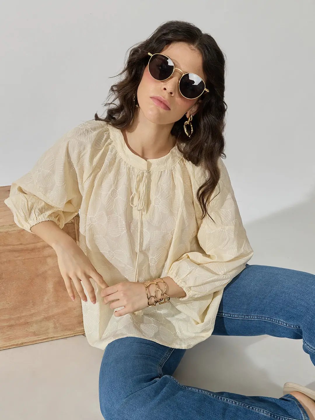 Women's Floral Textured Cream Top with Tie-Up Neck - from SHOWOFFFF