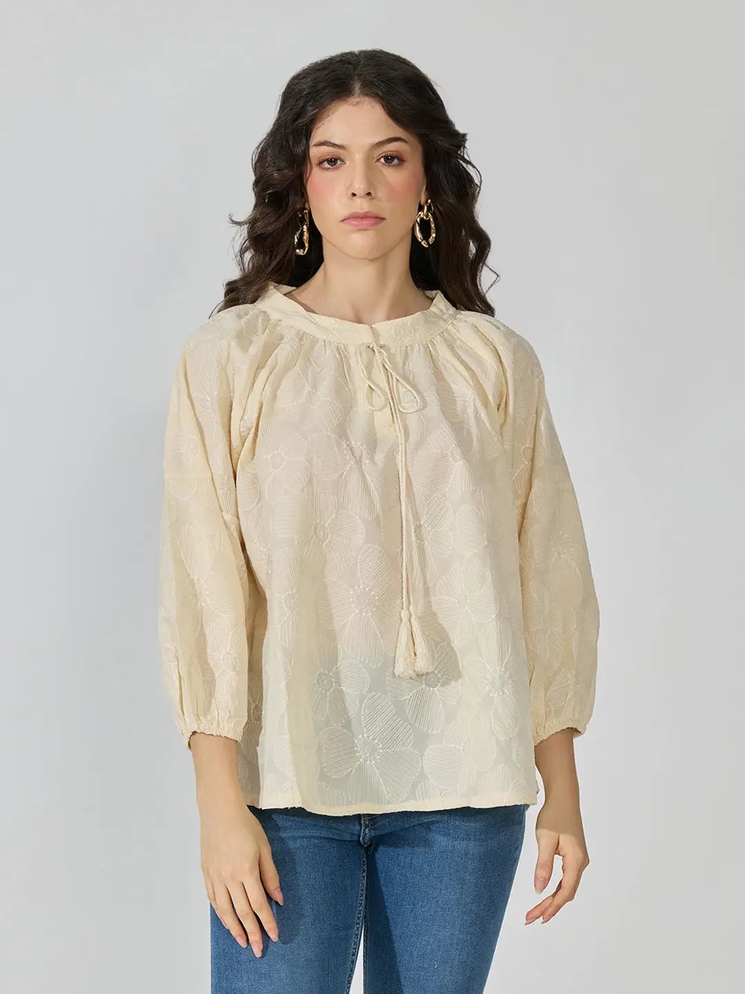 Women's Floral Textured Cream Top with Tie-Up Neck - from SHOWOFFFF
