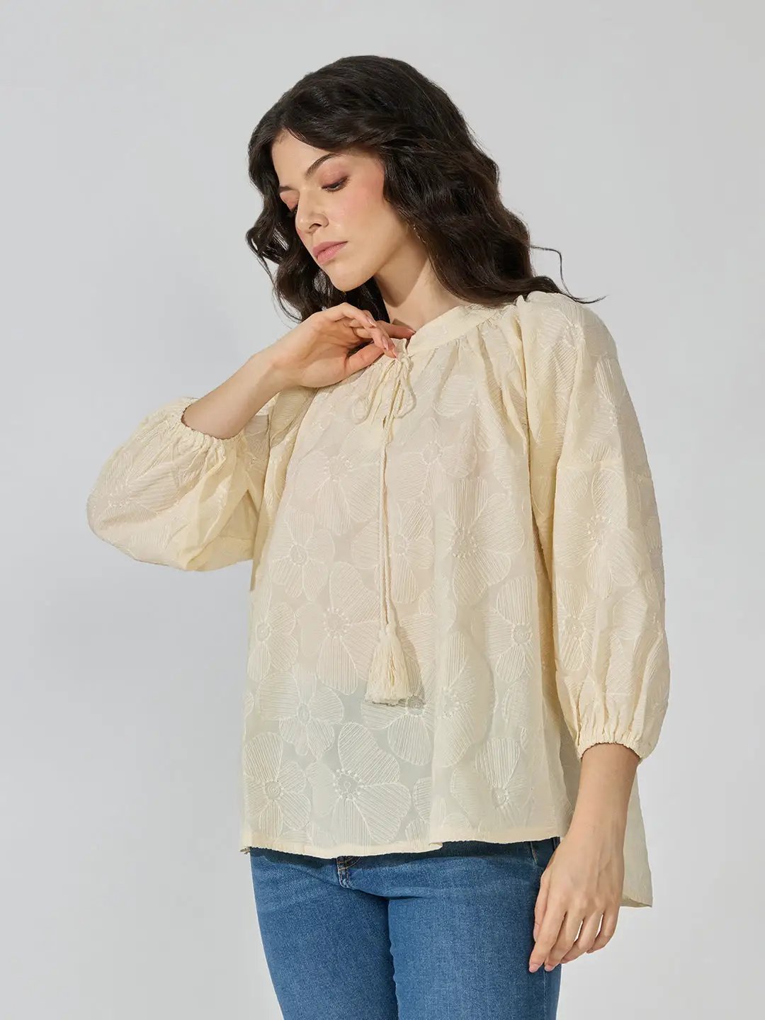 Women's Floral Textured Cream Top with Tie-Up Neck - from SHOWOFFFF