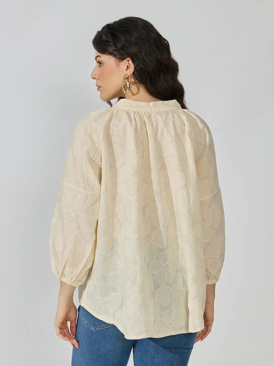 Women's Floral Textured Cream Top with Tie-Up Neck - from SHOWOFFFF