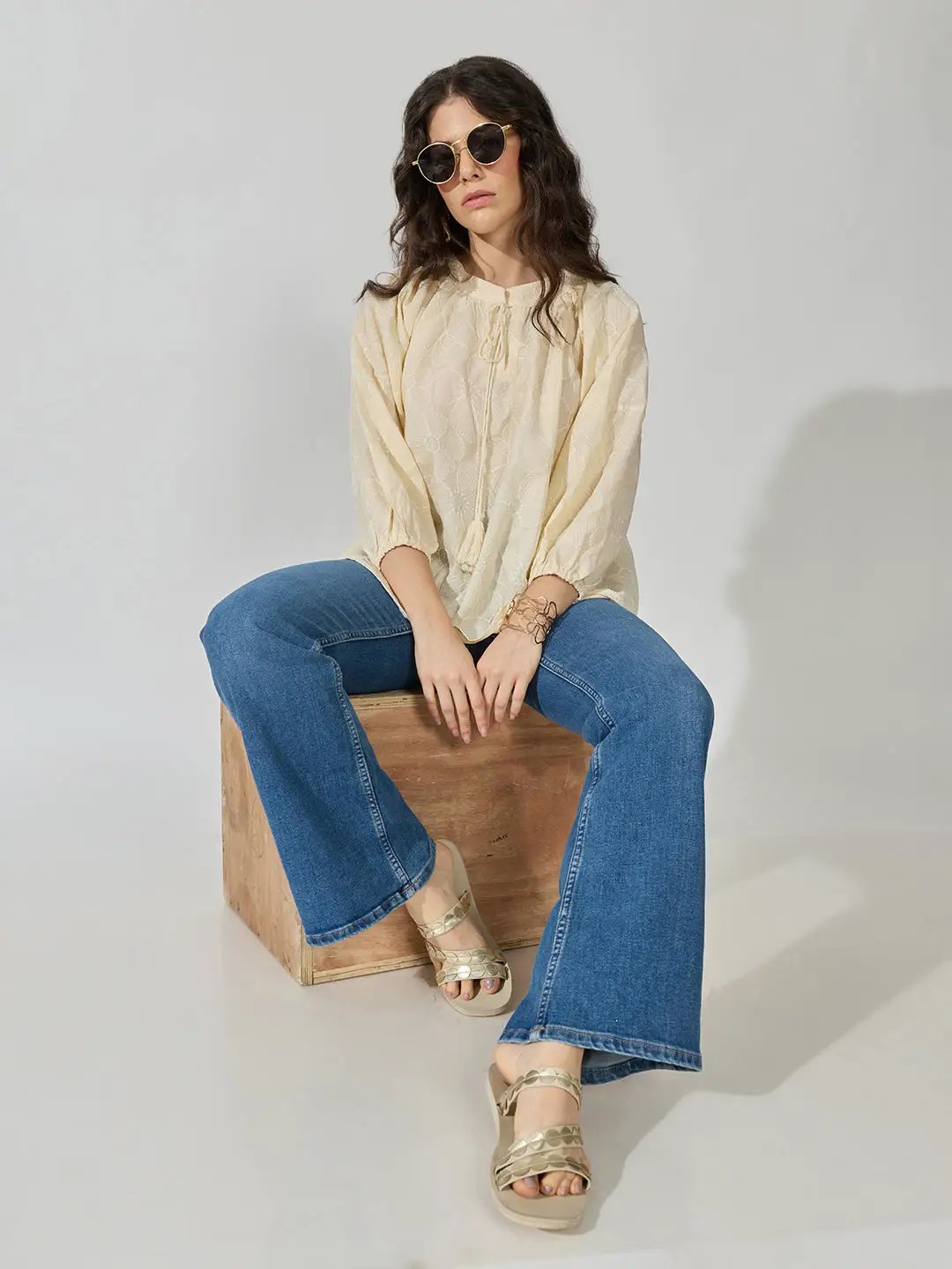 Women's Floral Textured Cream Top with Tie-Up Neck - from SHOWOFFFF