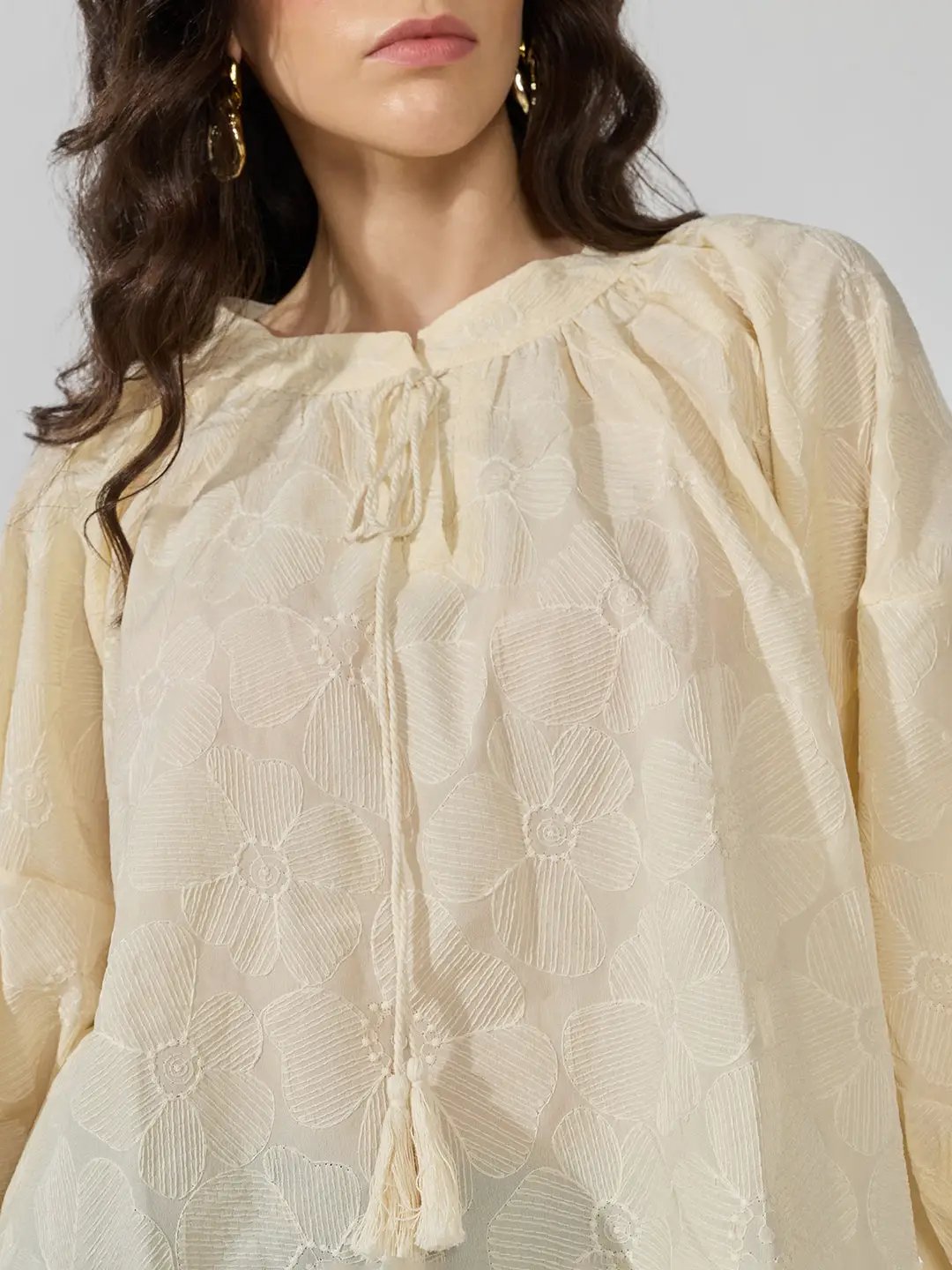 Women's Floral Textured Cream Top with Tie-Up Neck - from SHOWOFFFF