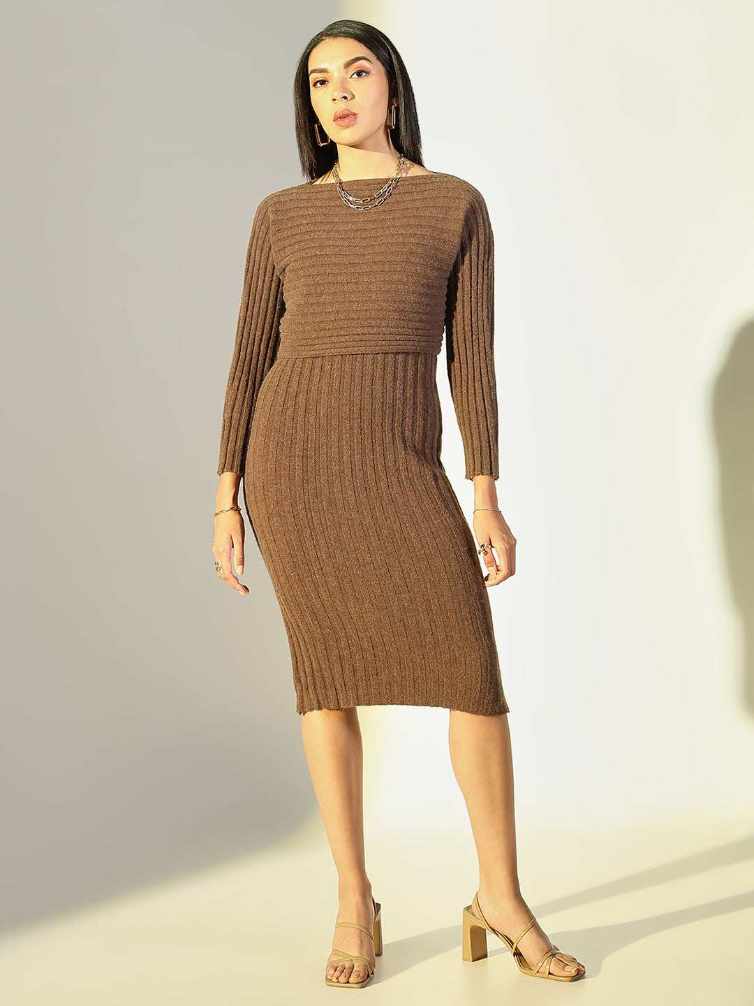 Women Brown Solid Bodycon Dress with Top