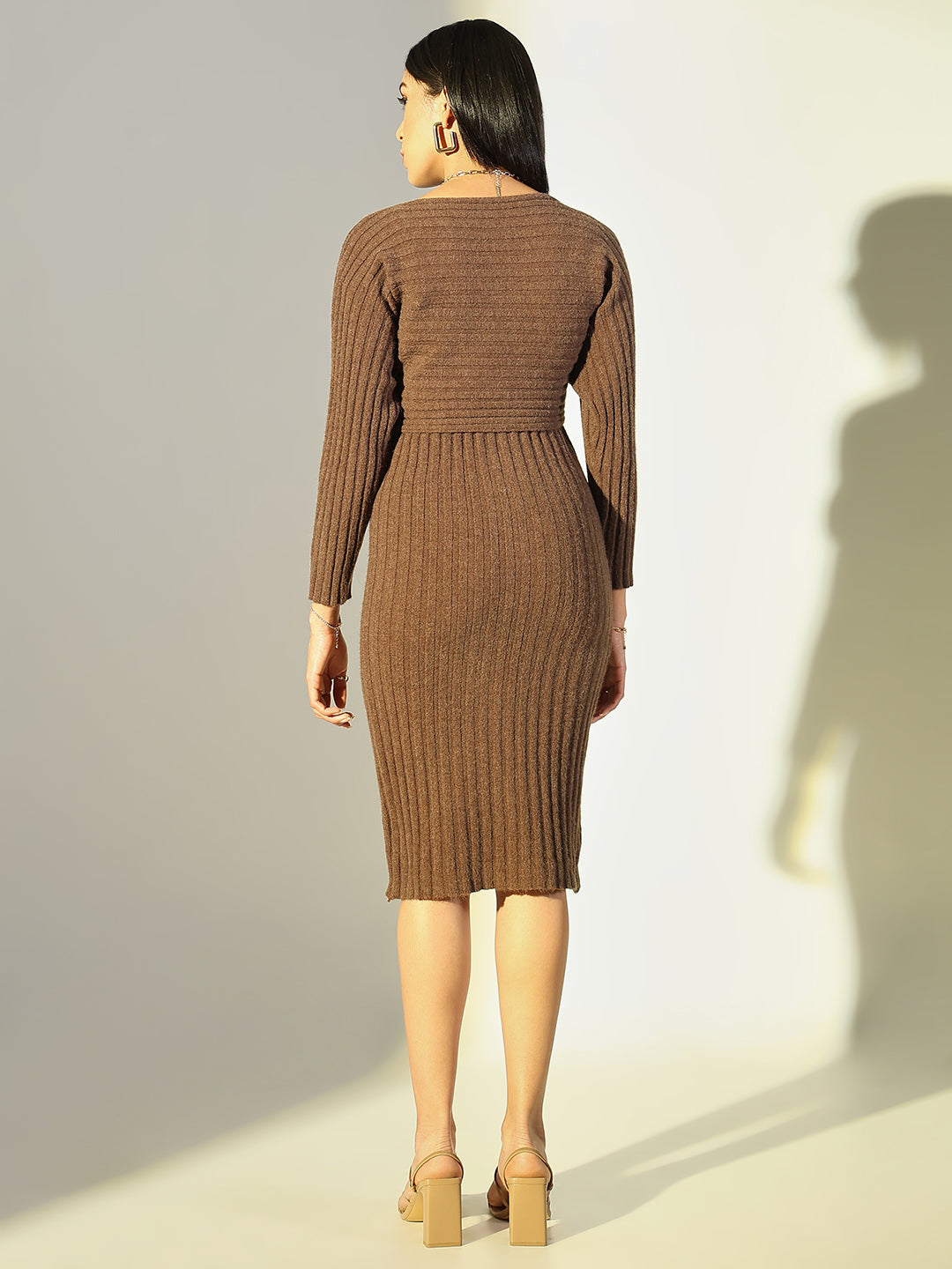 Women Brown Solid Bodycon Dress with Top