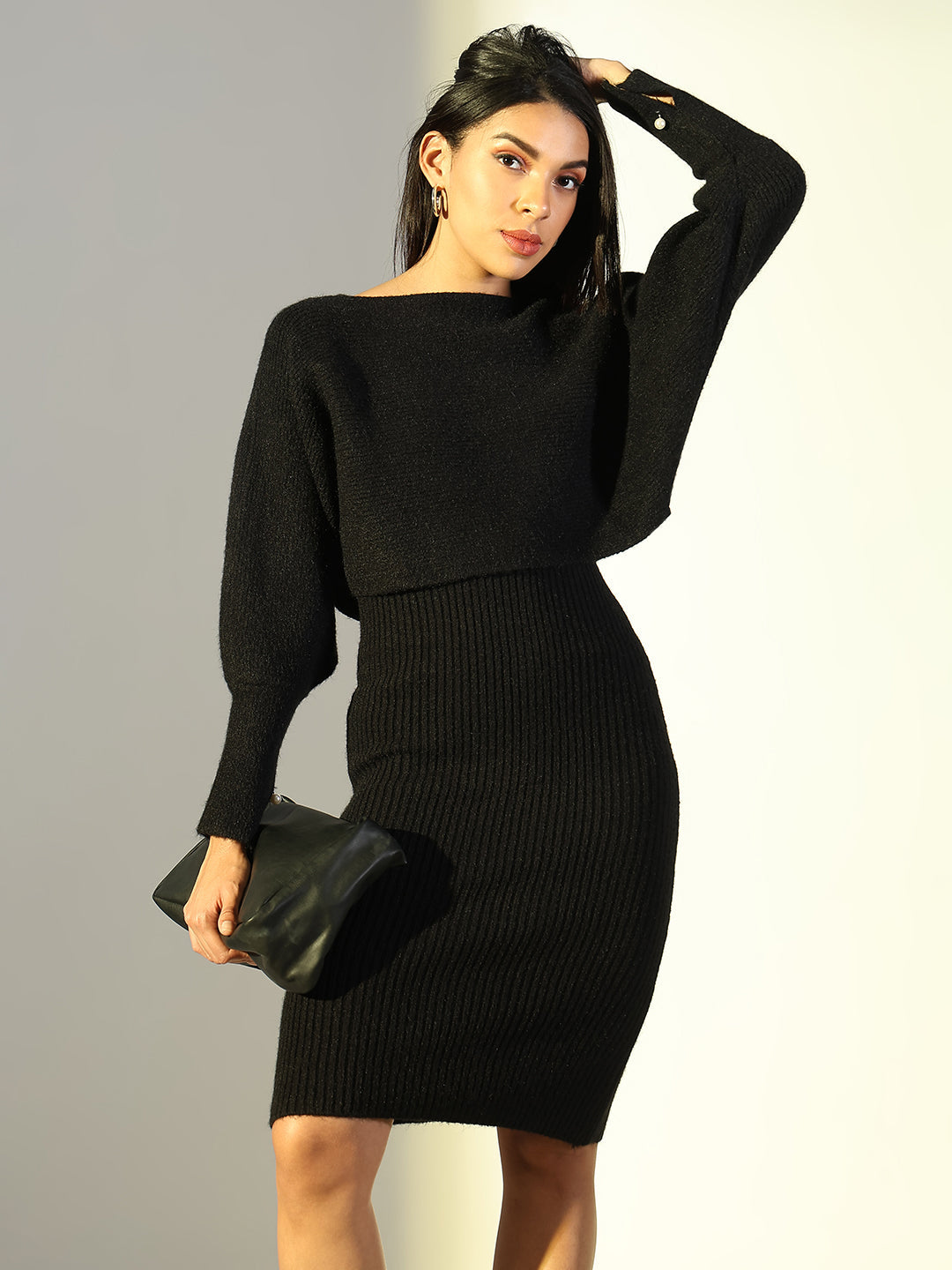 Women Black Solid Bodycon Dress with Top