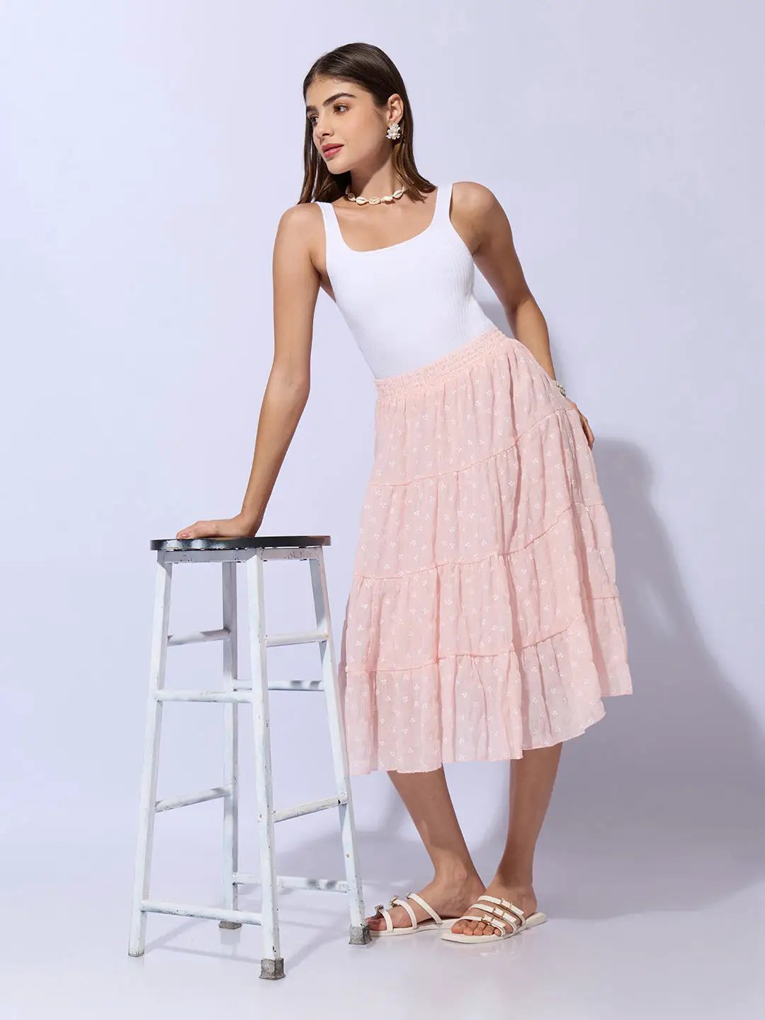Women's Ditsy Floral Pink Tiered Midi Skirt