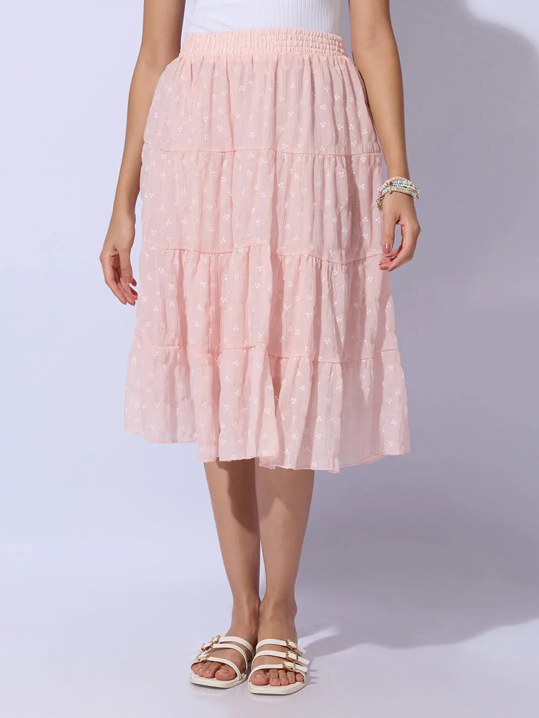 Women's Ditsy Floral Pink Tiered Midi Skirt