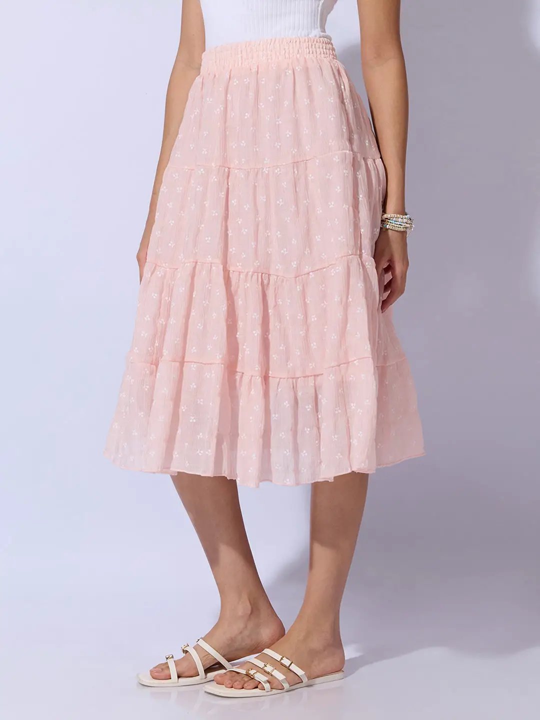 Women's Ditsy Floral Pink Tiered Midi Skirt