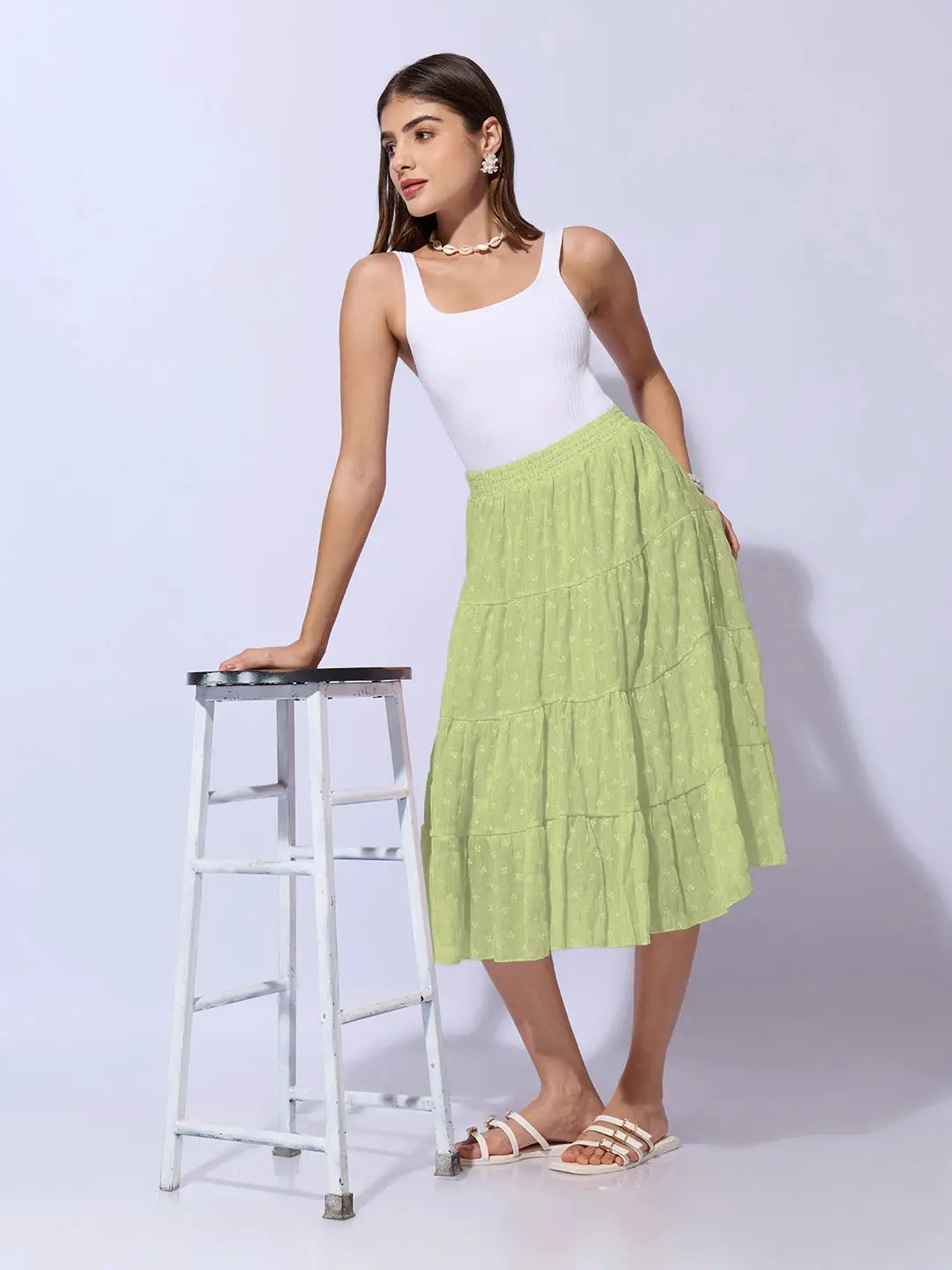 Women's Ditsy Floral Green Tiered Midi Skirt
