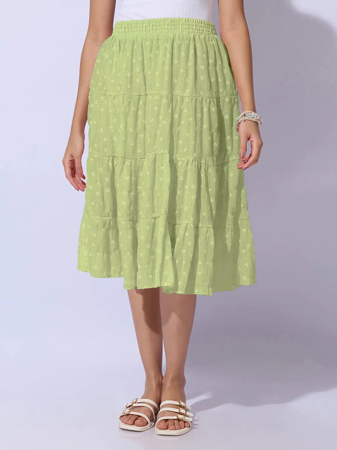 Women's Ditsy Floral Green Tiered Midi Skirt