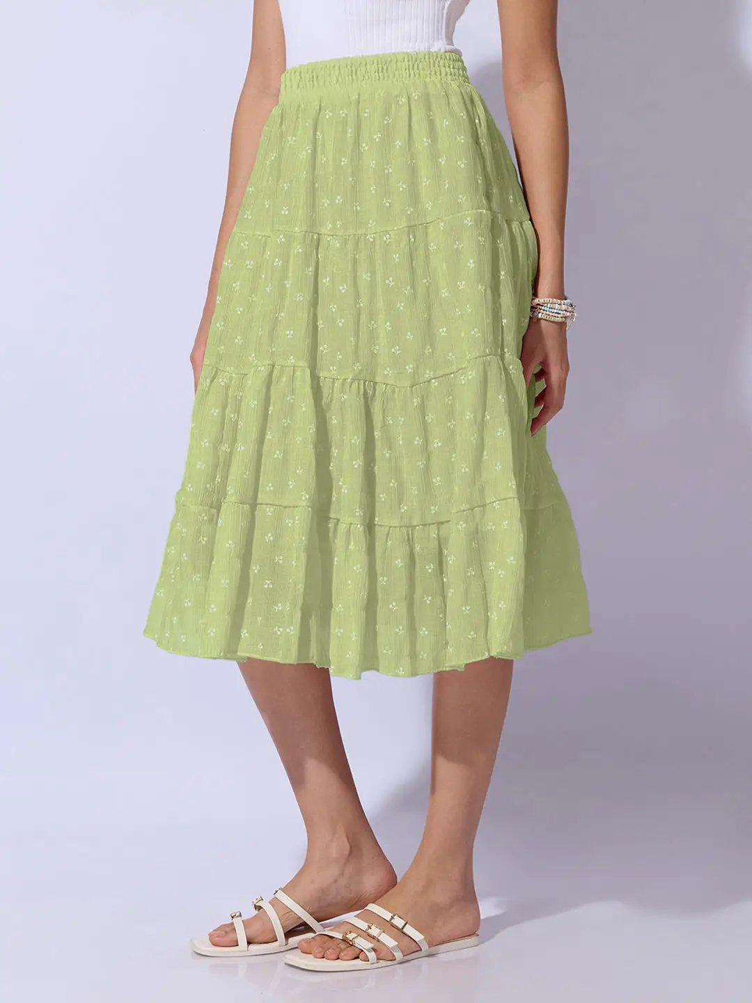 Women's Ditsy Floral Green Tiered Midi Skirt
