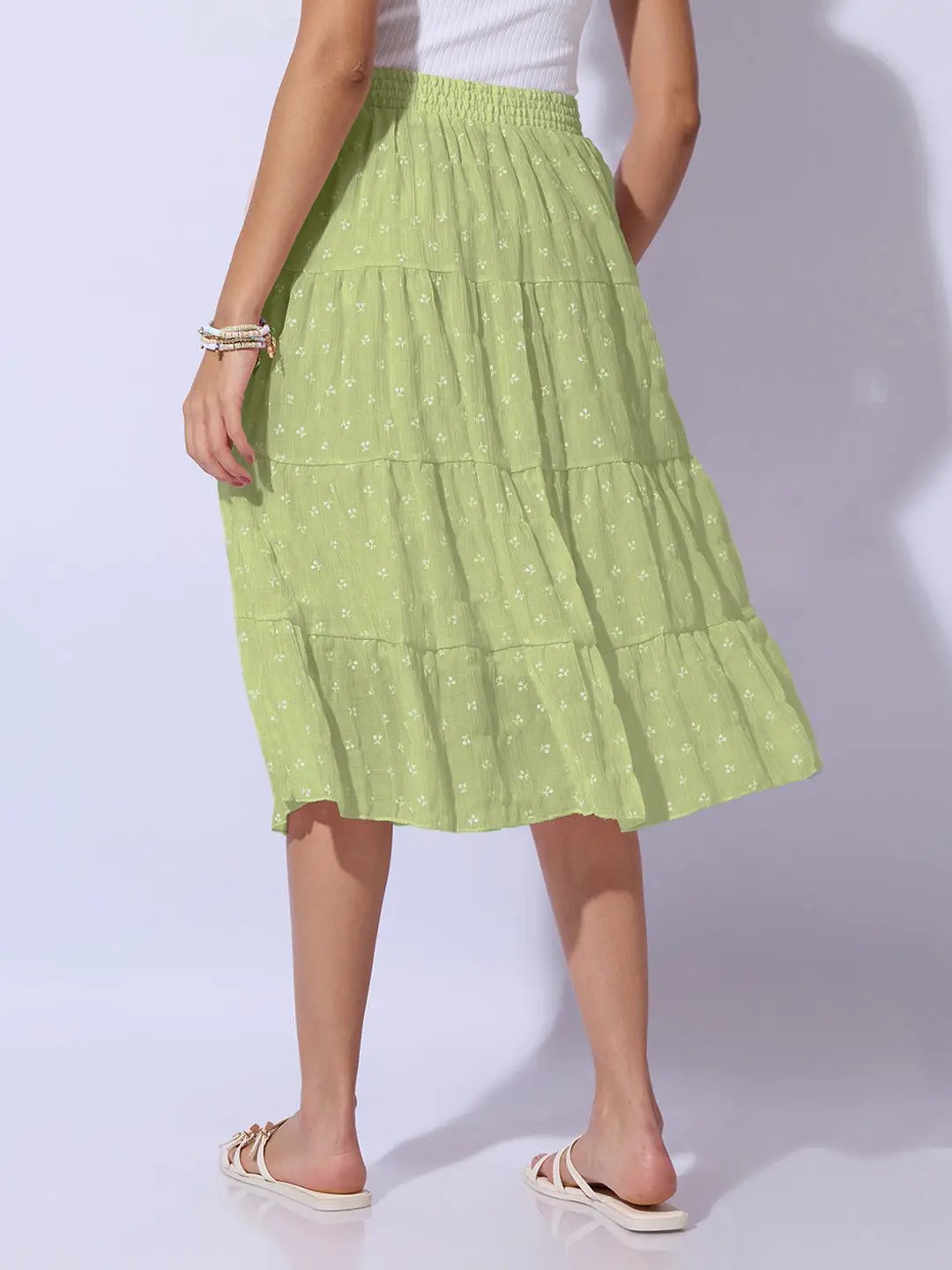 Women's Ditsy Floral Green Tiered Midi Skirt