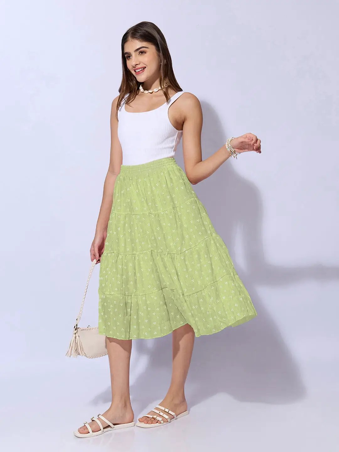 Women's Ditsy Floral Green Tiered Midi Skirt