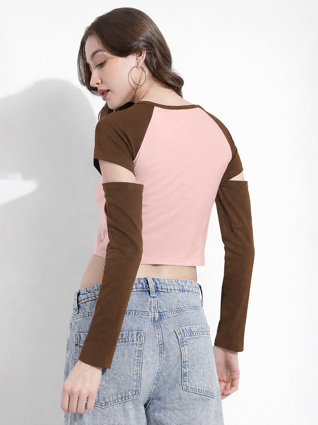 Women's Heart Print Pink & Brown Raglan Sleeve Crop Top