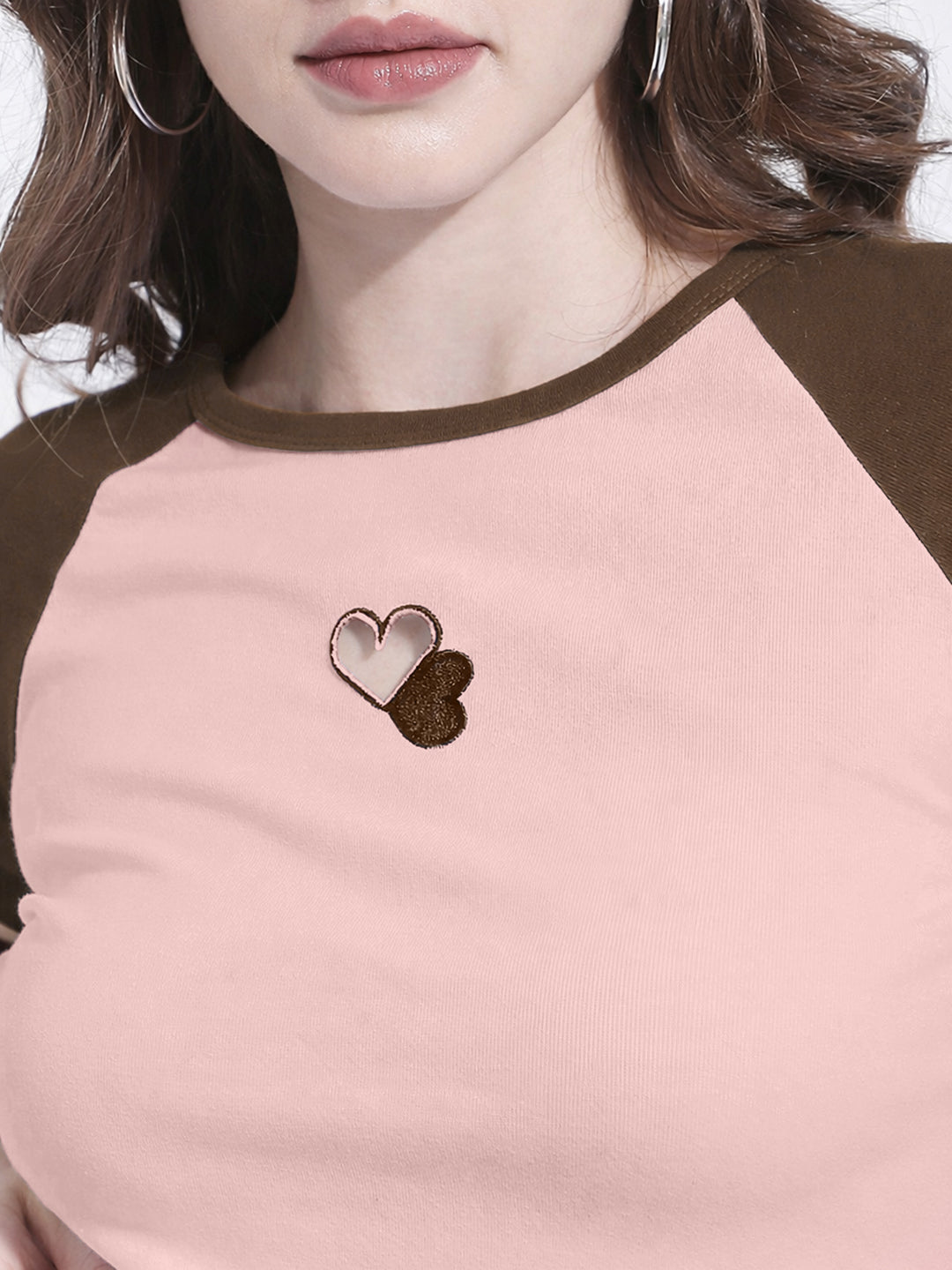 Women's Heart Print Pink & Brown Raglan Sleeve Crop Top
