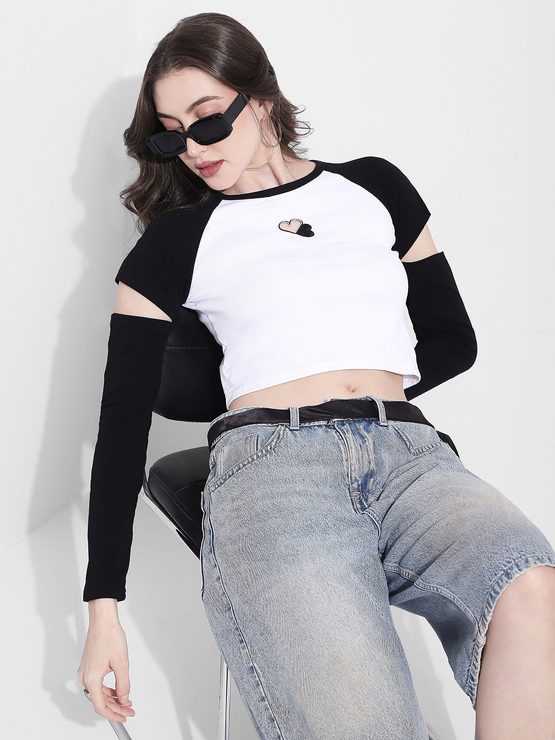 Women's Heart Print Black & White Raglan Sleeve Crop Top