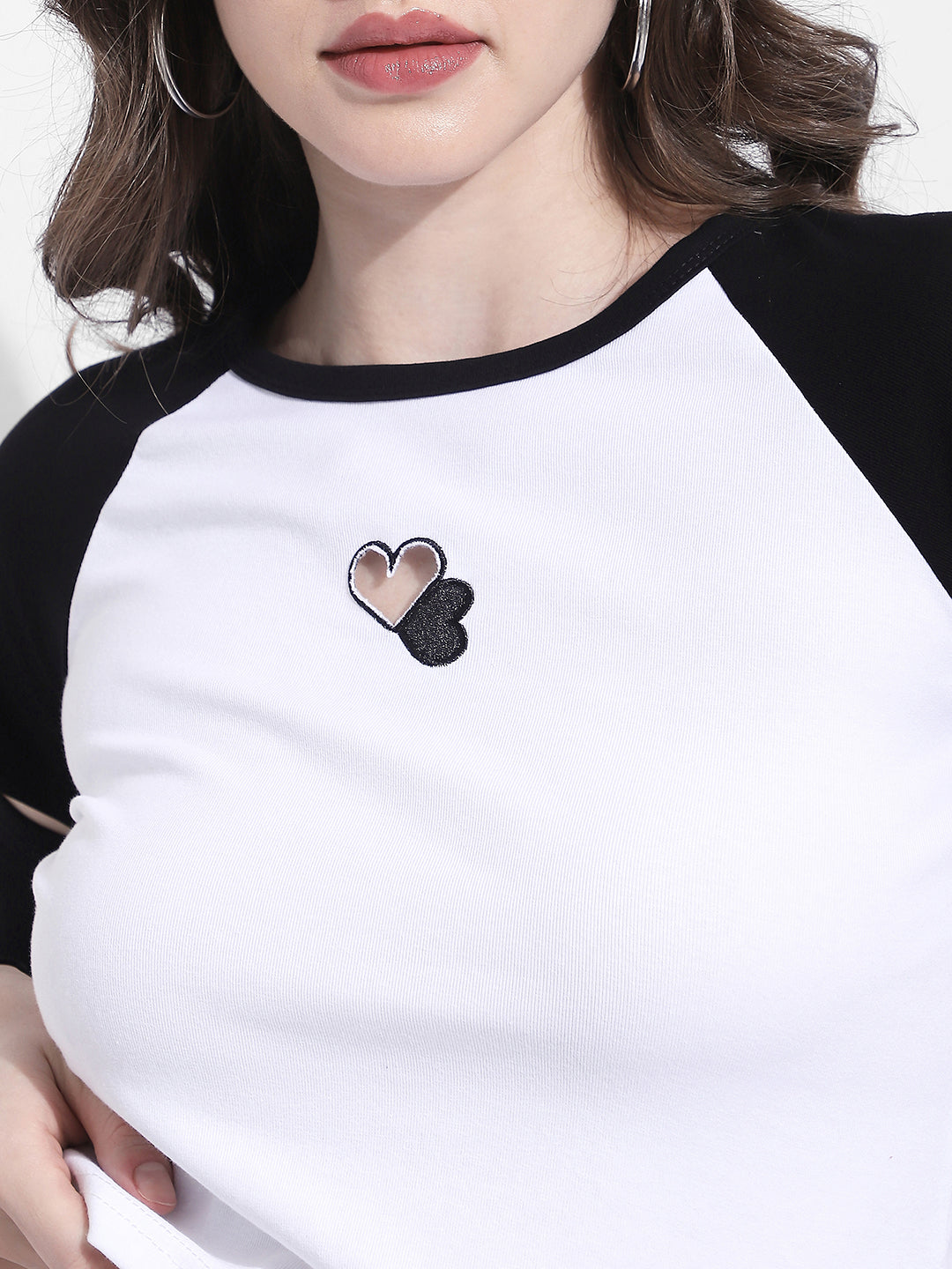 Women's Heart Print Black & White Raglan Sleeve Crop Top