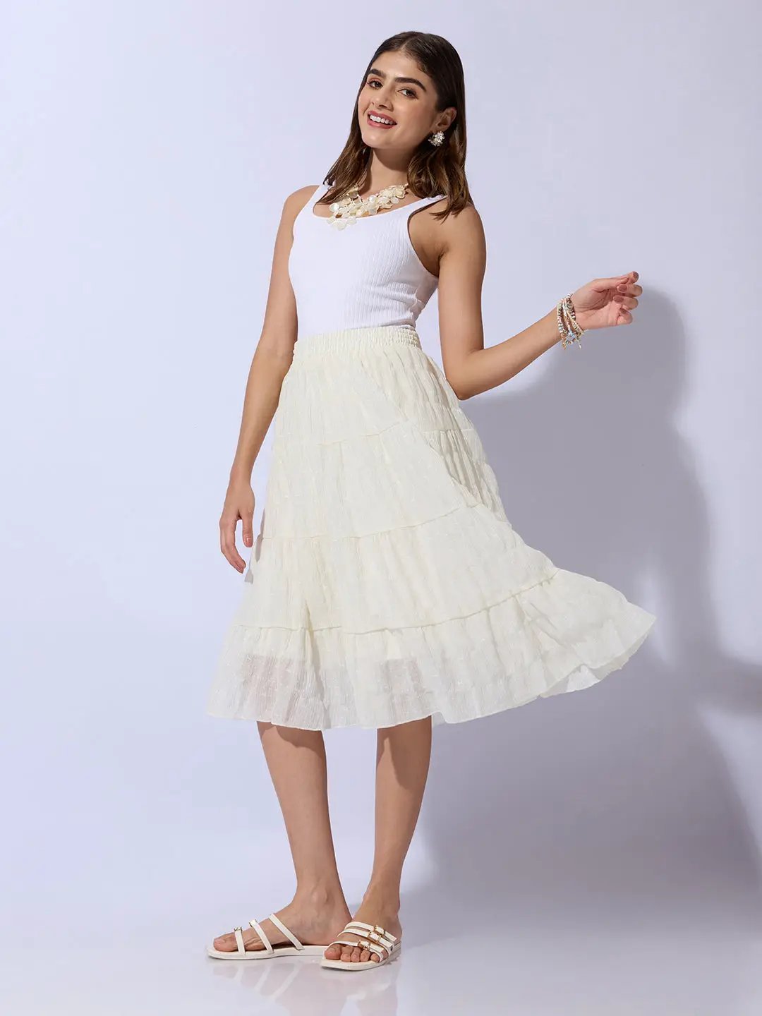Women's Textured Cream Tiered Midi Skirt